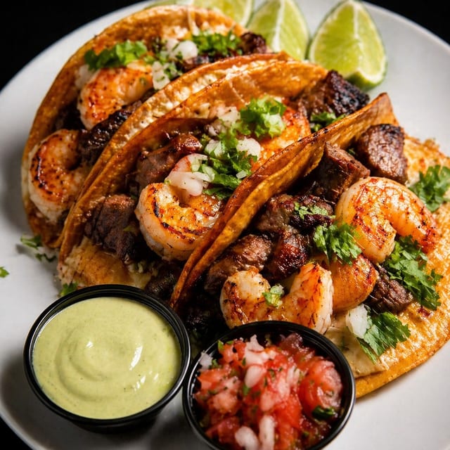 Rib Eye Shrimp Cheese Tacos.