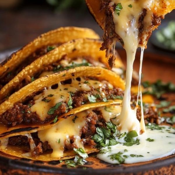 Cheesy Mexican tacos with ground meat and cilantro, with melted cheese stretching from a taco.