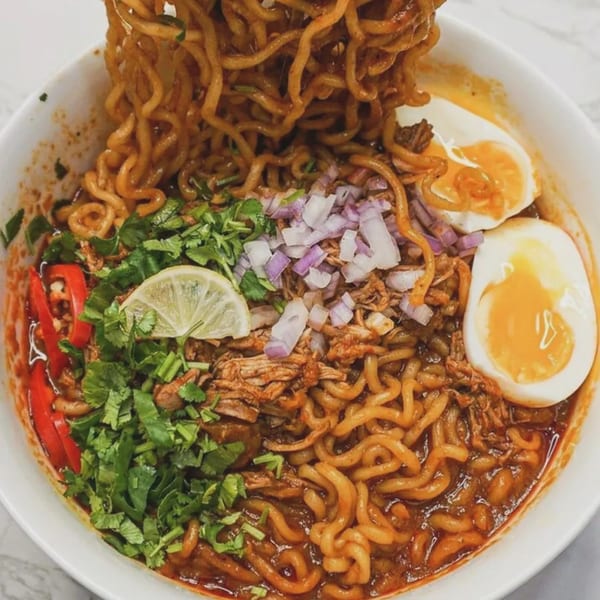Mexican ramen with pulled pork, soft-boiled eggs, cilantro, red onions, chili, and lime.